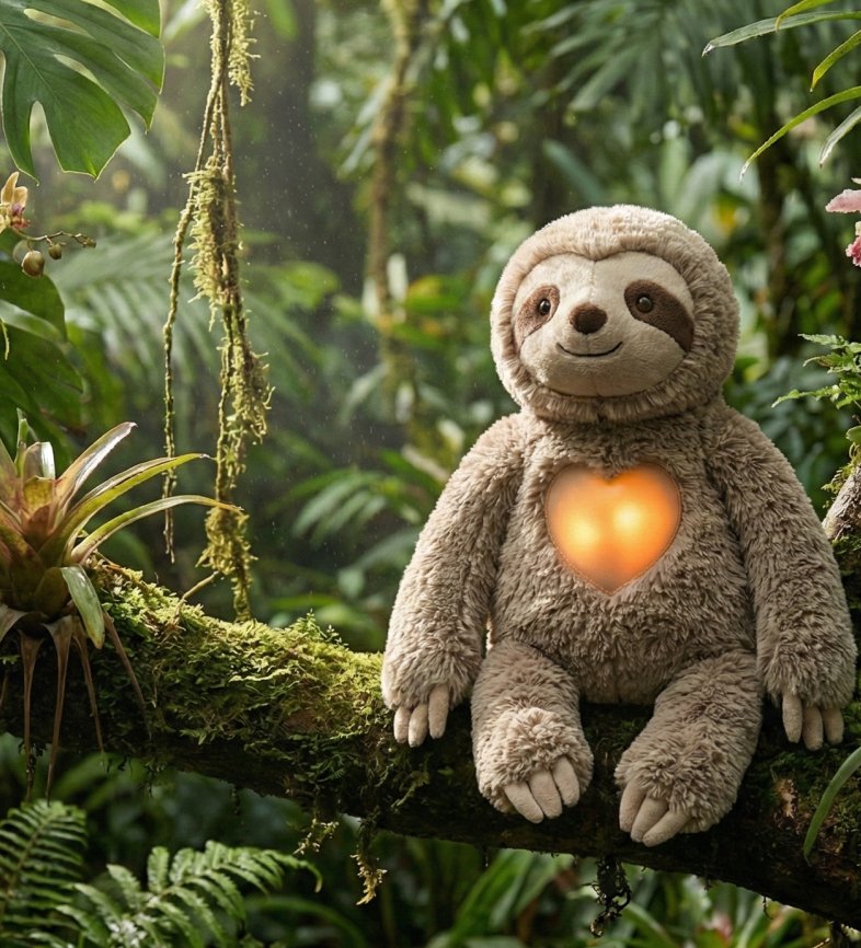 Sloth plushie with glowing heart in jungle setting